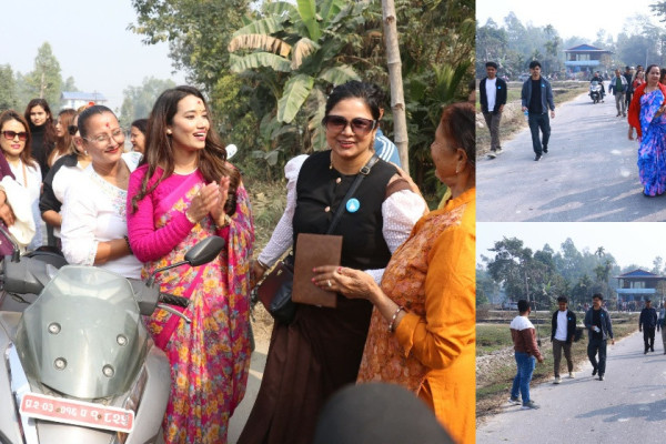 झापा-५ : श्रीमानका लागि भोट माग्दै बालेन्द्रपत्नी सविना